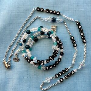 "So Long London" Coil Bracelet & Necklace set Crystal Teal Crown & Castle charms